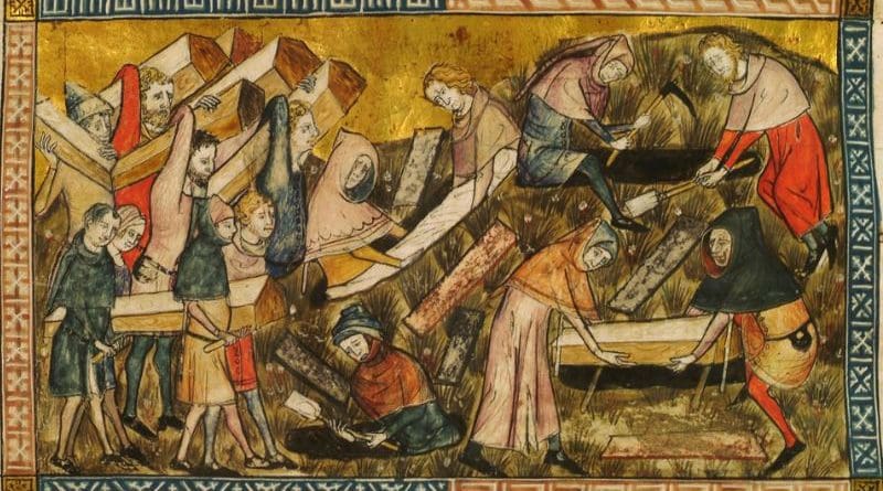 Citizens of Tournai bury plague victims. Credit: Pierart dou Tielt (fl. 1340-1360), Wikipedia Commons