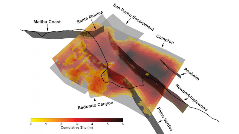 3D view of one especially complex multi-fault rupture from the synthetic earthquake catalog developed by the Southern California Earthquake Center using a new earthquake modeling framework. CREDIT Kevin Milner, University of Southern California