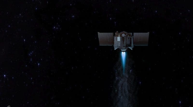 This illustration shows the OSIRIS-REx spacecraft departing asteroid Bennu to begin its two-year journey back to Earth. Credits: NASA/Goddard/University of Arizona