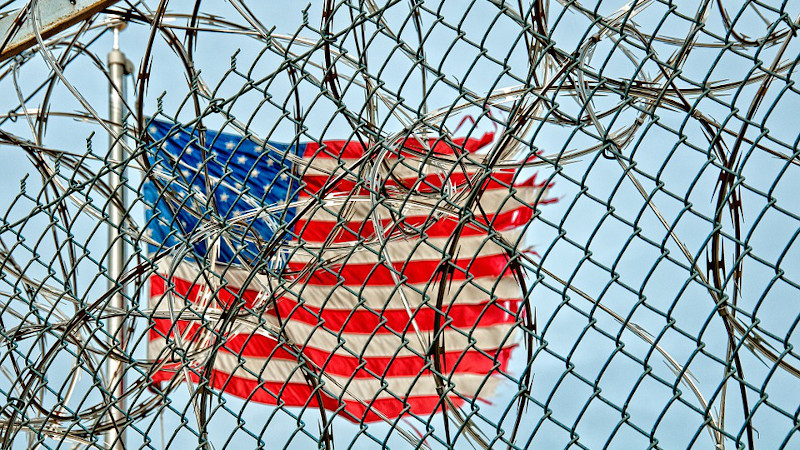 flag united states Prison Jail Detention Fence Wire Barbed Metal