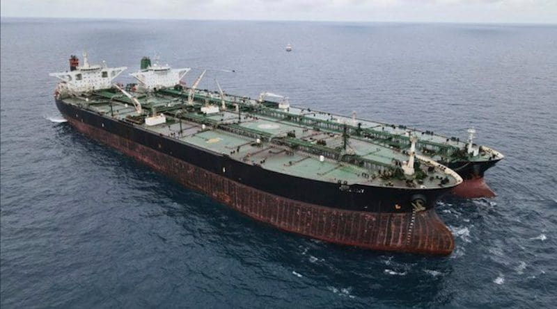 Panama-flagged MT Freya, left, and Iran-flagged MT Horse tankers are seen anchored together in Pontianak waters off Borneo Island, Indonesia, Jan. 24, 2021. Photo Credit: Indonesian Maritime Security Agency