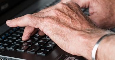 elderly Hands Old Typing Laptop Internet Working Writer