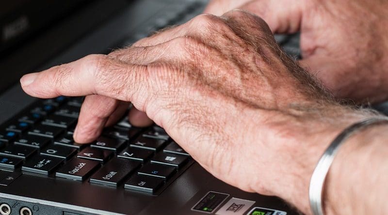 elderly Hands Old Typing Laptop Internet Working Writer