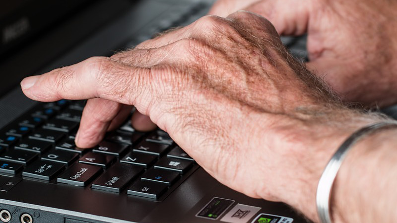 elderly Hands Old Typing Laptop Internet Working Writer