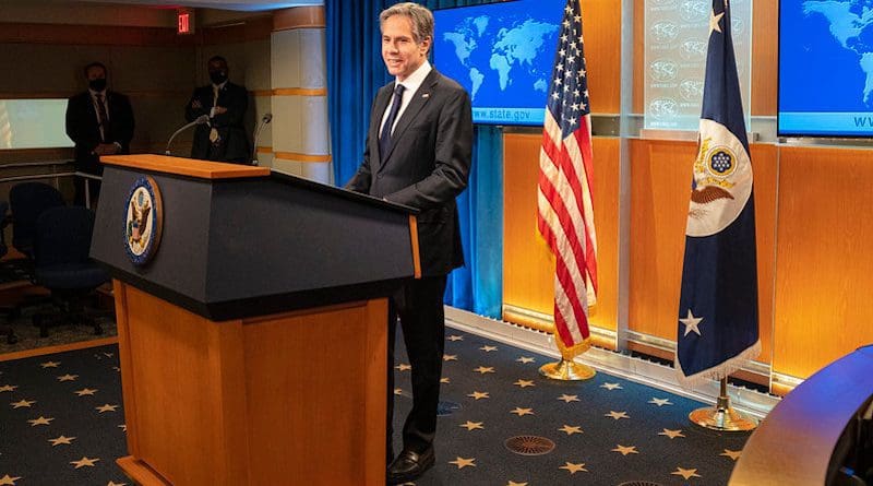 Secretary of State Antony J. Blinken delivers remarks to the media at the U.S. Department of State in Washington, D.C. on January 27, 2021. [State Department Photo by Freddie Everett/ Public Domain]