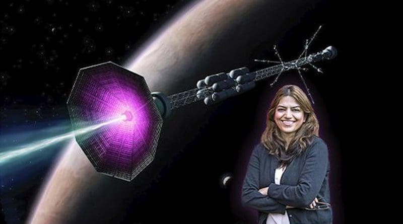 PPPL physicist Fatima Ebrahimi in front of an artist's conception of a fusion rocket CREDIT Elle Starkman (PPPL Office of Communications) and ITER
