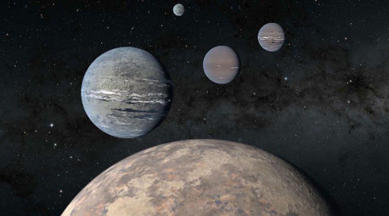 A five-planet system around TOI-1233 includes a super-Earth (foreground) that could help solve mysteries of planet formation. The four innermost planets were discovered by high schoolers Kartik Pinglé and Jasmine Wright alongside researcher Tansu Daylan. The fifth outermost planet pictured was recently discovered by a separate team of astronomers. Artist rendering. CREDIT NASA/JPL-Caltech