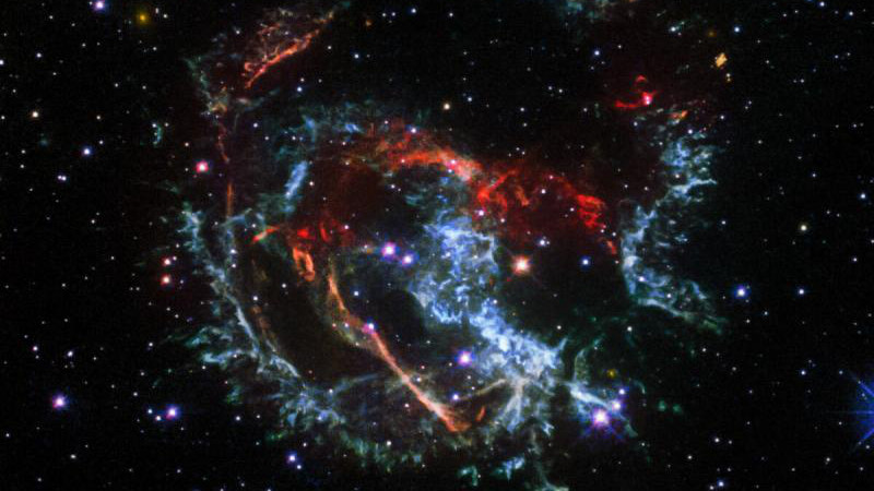 Featured in this Hubble image is an expanding, gaseous corpse -- a supernova remnant -- known as 1E 0102.2-7219. It is the remnant of a star that exploded long ago in the Small Magellanic Cloud, a satellite galaxy of our Milky Way located roughly 200 000 light-years away. Because the gaseous knots in this supernova remnant are moving at different speeds and directions from the supernova explosion, those moving toward Earth are colored blue in this composition and the ones moving away are shown in red. This new Hubble image shows these ribbons of gas speeding away from the explosion site at an average speed of 3.2 million kilometers per hour. At that speed, you could travel to the Moon and back in 15 minutes. CREDIT NASA, ESA, and J. Banovetz and D. Milisavljevic (Purdue University)