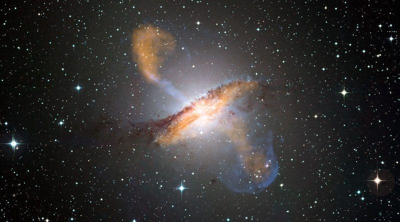 Centaurus A is a famous example of a relatively nearby radio galaxy. Inside the galaxy is a supermassive black hole which is generating the large jets which can be seen emerging perpendicular to the disc of the galaxy. Credit: ESO/WFI (Optical); MPIfR/ESO/APEX/A.Weiss et al. (Submillimetre); NASA/CXC/CfA/R.Kraft et al. (X-ray).