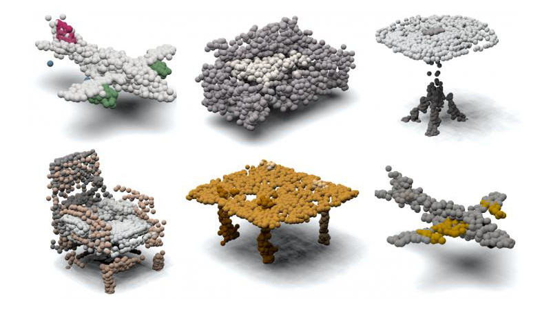 Examples of 3D point clouds synthesized by the progressive conditional generative adversarial network (PCGAN) for an assortment of object classes. PCGAN generates both geometry and color for point clouds, without supervision, through a coarse to fine training process. [Credit: William Beksi, Mohammad Samiul Arshad, UT Arlington] CREDIT [William Beksi, UT Arlington]