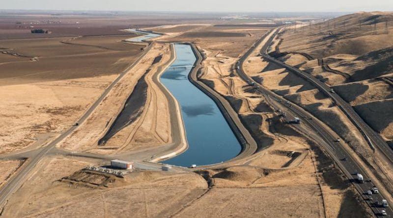 The Dos Amigos Pumping Plant in Merced County and California Aqueduct are part of the California State Water Project, an energy-intensive public water project that distributes water throughout the state. CREDIT California Department of Water Resources