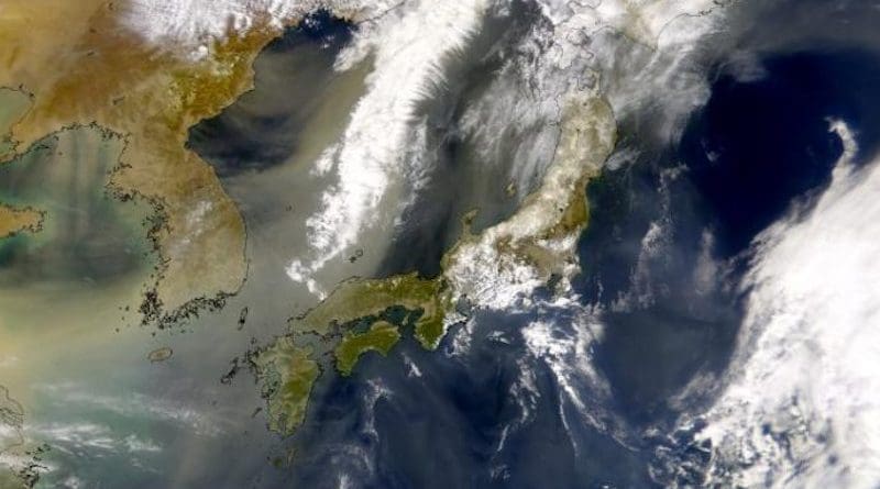 Image of a dust plume leaving China and crossing the Korean Peninsula and Japan. Researchers studied the dust deposited in ancient ocean sediments in order to understand how wind patterns in this area have shifted in the past. Their findings provide a better understanding of how the winds may change in the future. CREDIT SeaWiFS Project, NASA/Goddard Space Flight Center, and ORBIMAGE