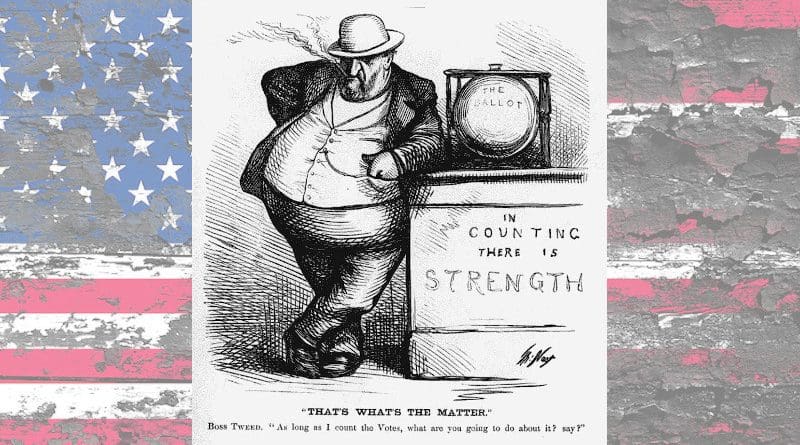 Montage of flag of United States with Cartoon by Thomas Nast in Harper's Weekly, 1871-10-07 (Wikipedia Commons)