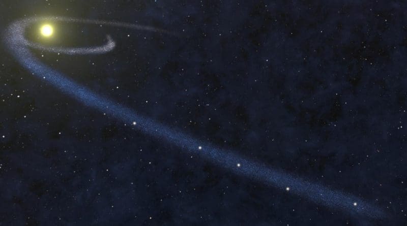 Artist's impression of a thin gas cloud formed by tidal disruption from a passing star. Scientists think this is one of the possible ways the cold clump of gas detected in the study could have been formed. CREDIT Mark Myers/OzGrav
