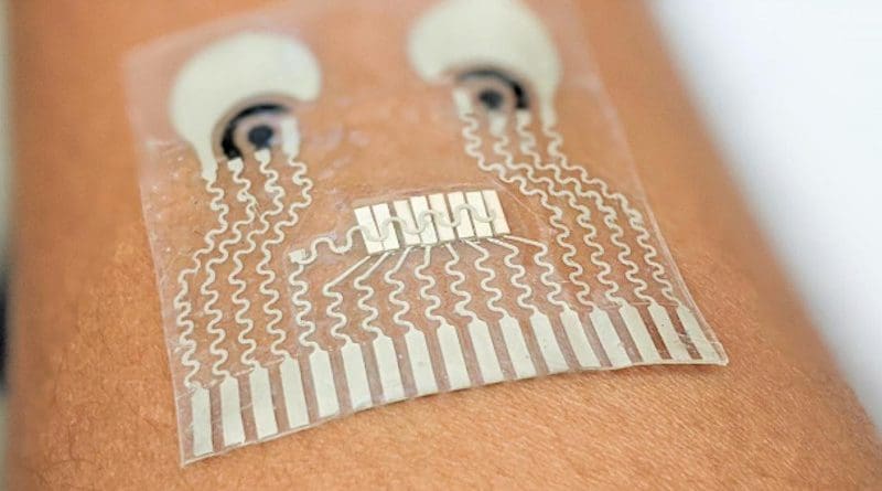 This soft, stretchy patch can monitor the wearer's blood pressure and biochemical levels at the same time. CREDIT Wang lab/UC San Diego