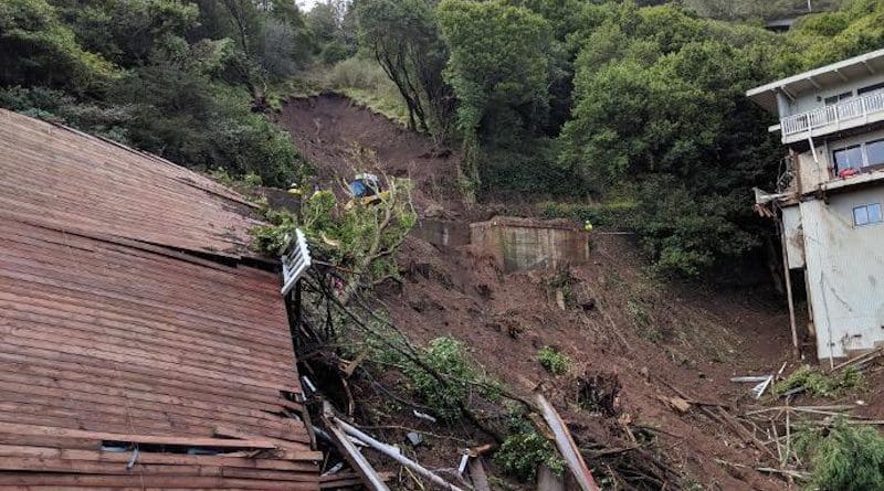A shallow landslide turned into a debris flow that swept away a house in Sausalito, California, at 3 a.m. on Feb. 14, 2019. A woman was buried in the remains of her house, but survived with only minor injuries. CREDIT Photo courtesy of the City of Sausalito