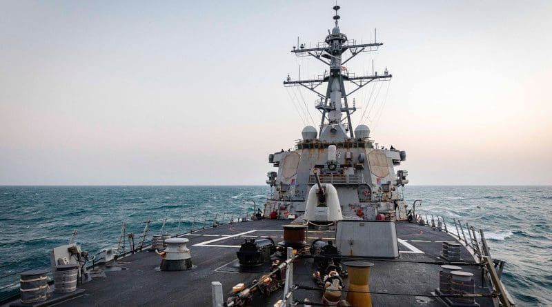 The Arleigh Burke-class guided-missile destroyer USS John S. McCain transits through South China Sea. Photo Credit: Mass Communication Specialist 2nd Class Markus Castaneda)