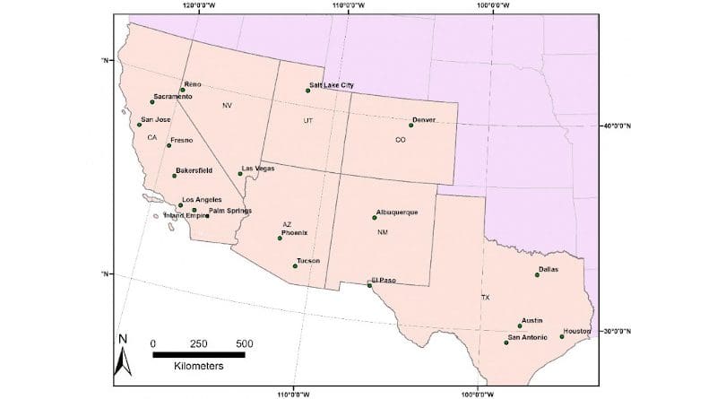 This study provides the most detailed mapping yet of how summer temperatures in 20 urban centers in California, Nevada, Utah, Arizona, Colorado, New Mexico and Texas affected different neighborhoods between 2018 and 2020. CREDIT Study authors.