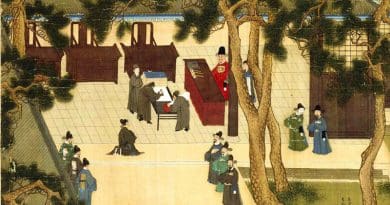 Xu Xianqin, Vice-Minister of Rites, overseeing the imperial civil service exam circa 1587, during the Ming Dynasty. CREDIT 余壬、吳鉞描繪，徐顯卿題詠, Public domain, via Wikimedia Commons