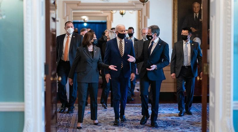President Joe Biden walks with Vice President Kamala Harris and Secretary of State Antony Blinken. (Official White House Photo by Adam Schultz)