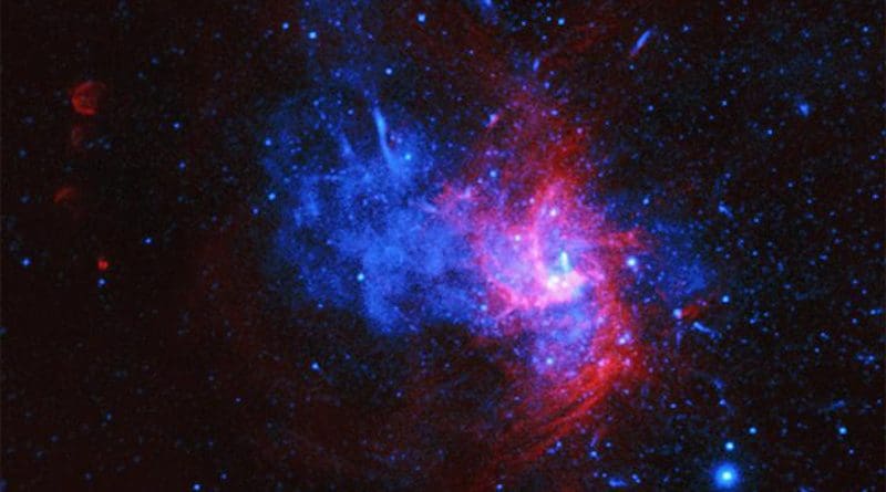 This composite image of X-ray data from Chandra (blue) and radio emission from the Very Large Array (red) contains the first evidence for a rare type of supernova in the Milky Way. By analyzing over 35 days' worth of Chandra observations, researchers found an unusual pattern of elements such as iron and nickel in the stellar debris. The leading explanation is that this supernova remnant, called Sgr A East, was generated by a so-called Type Iax supernova. This is a special class of Type Ia supernova explosions that are used to accurately measure distances across space and study the expansion of the Universe. CREDIT X-ray: NASA/CXC/Nanjing Univ./P. Zhou et al. Radio: NSF/NRAO/VLA