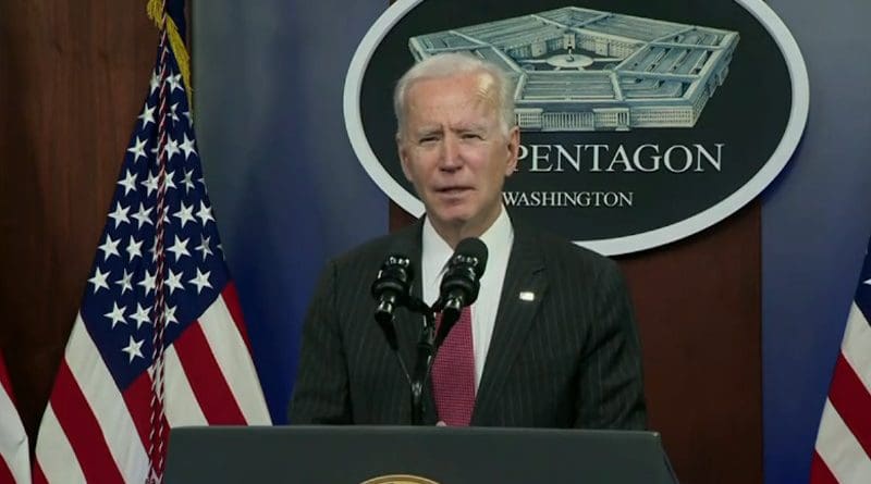 US President Joseph Biden speaks at the Pentagon. Photo Credit: DoD video screenshot