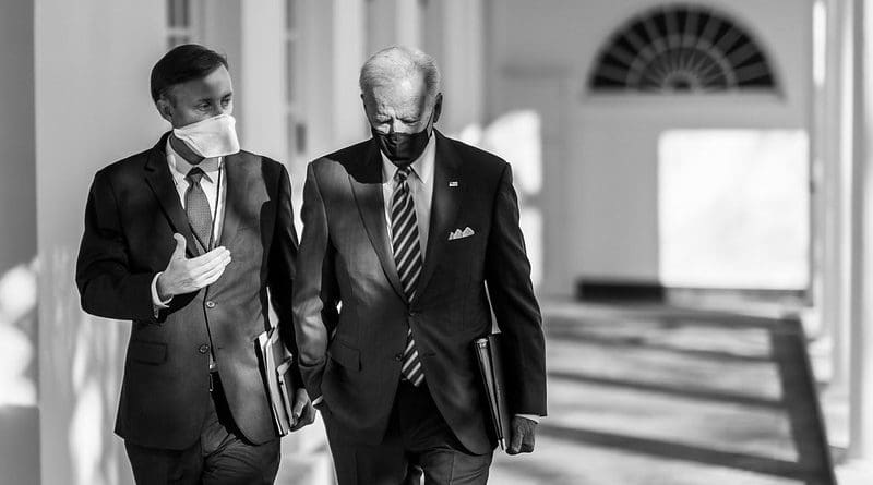 President Joe Biden walks with National Security Adviser Jake Sullivan along the Colonnade of the White House to the Oval Office of the White House. (Official White House Photo by Adam Schultz)