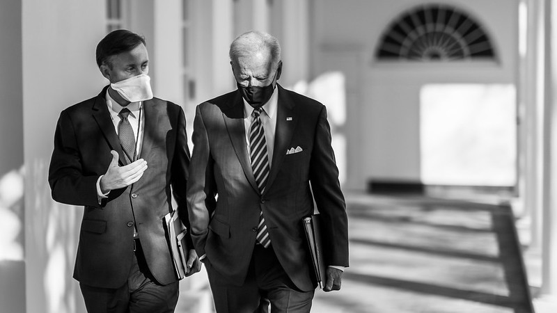 President Joe Biden walks with National Security Adviser Jake Sullivan along the Colonnade of the White House to the Oval Office of the White House. (Official White House Photo by Adam Schultz)