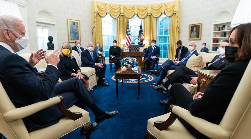President Joe Biden and Vice President Kamala Harris meet with Governors and Mayors in the Oval Office of the White House. Official White House Photo by Adam Schultz)