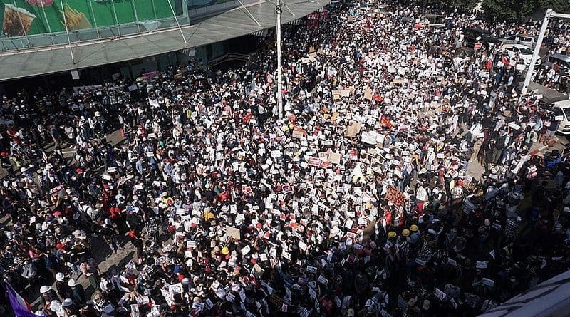 Thousands of protesters participate in an anti-military rally in Yangon, Myanmar. Photo Credit: VOA