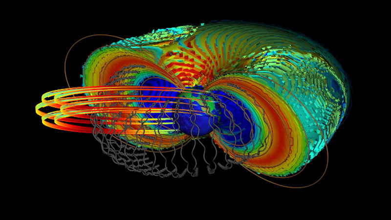 The contours in color show the intensities of the radiation belts. Grey lines show the trajectories of the relativistic electrons in the radiation belts. Concentric circular lines show the trajectory of scientific satellites traversing this dangerous region in space. CREDIT Ingo Michaelis and Yuri Shprits, GFZ