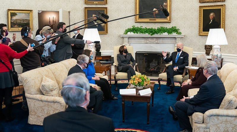 President Joe Biden, joined by Vice President Kamala Harris, talks to members of the press during a meeting with bipartisan members of Congress to discuss cancer research Wednesday, March 3, 2021, in the Oval Office of the White House. (Official White House Photo by Adam Schultz)