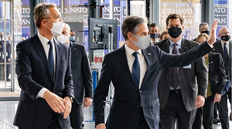 Secretary of State Antony J. Blinken arrives at NATO and is greeted by NATO Secretary General Jens Stoltenberg, in Brussels, Belgium on March 23, 2021. [State Department photo by Ron Przysucha/ Public Domain]