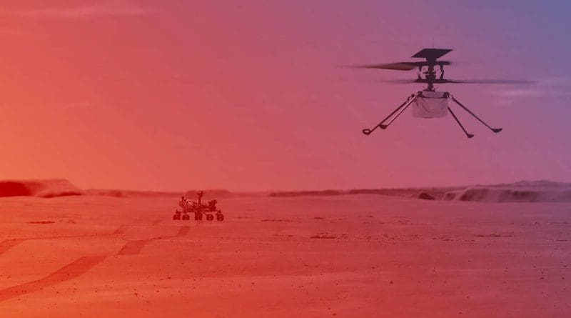 An illustration of NASA's Ingenuity Helicopter flying on Mars Credits: NASA/JPL-Caltech