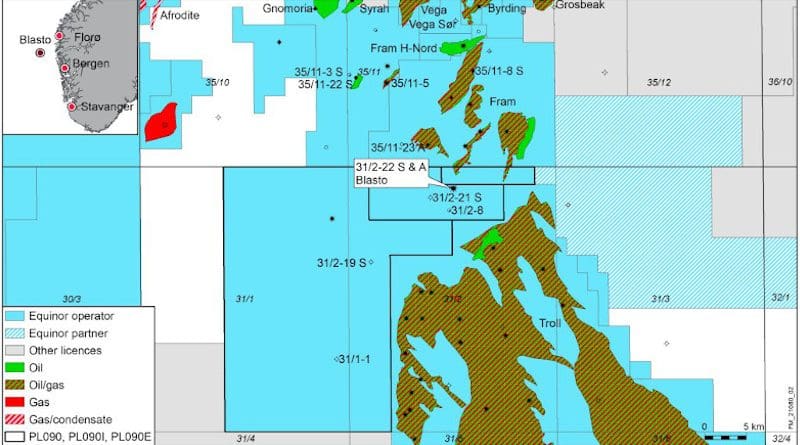Location of the exploration well 31/2-22 S in the Blasto Main prospect near the Fram field in the North Sea. Credit: Equinor
