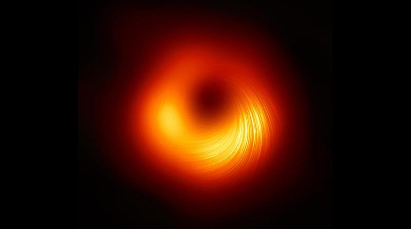 Polarised view of the black hole in M87. The lines mark the orientation of polarisation, which is related to the magnetic field around the shadow of the black hole. CREDIT Credit: © EHT Collaboration
