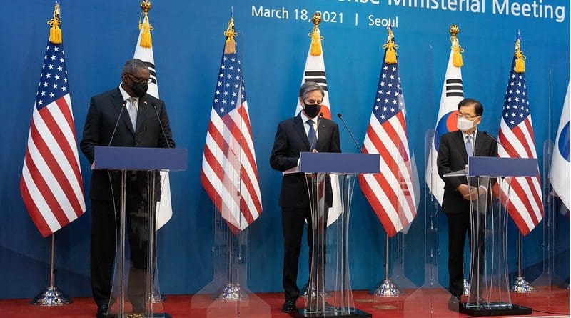 Secretary of State Antony J. Blinken and Defense Secretary Lloyd Austin participate in a joint press availability with Republic of Korea Foreign Minister Chung Eui-yong and Republic of Korea Defense Minister Suh Wook, in Seoul, Republic of Korea, on March 18, 2021. [State Department photo by Ron Przysucha/ Public Domain]