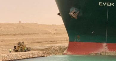 Ever Given container grounded in Suez Canal. Photo Credit: Mehr News Agency