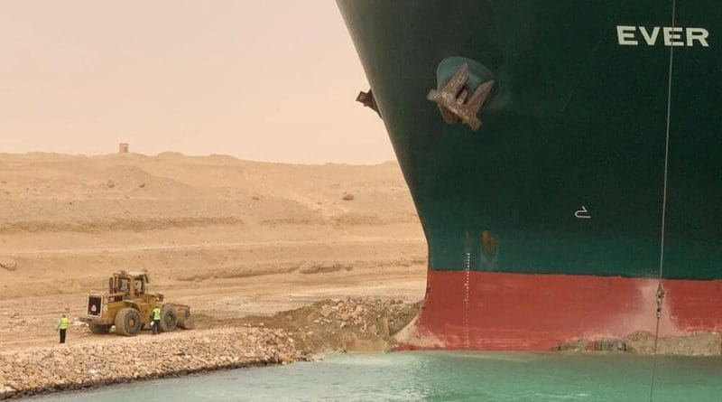 Ever Given container grounded in Suez Canal. Photo Credit: Mehr News Agency