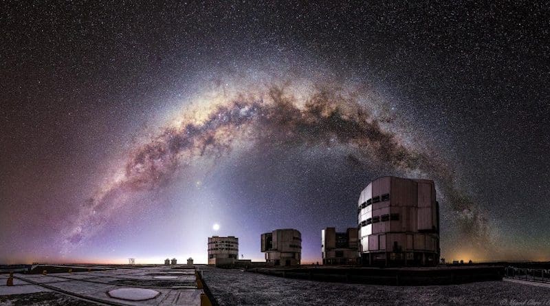 The entire arc of Milky Way, full of gas and dust, star clusters and emission nebulae, is a luminous background for the ESO-operated Very Large Telescope (VLT). CREDIT M. Claro/ESO.