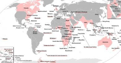 The territories that were at one time or another part of the British Empire. The United Kingdom and its accompanying British Overseas Territories are underlined in red. Source: Wikipedia Commons