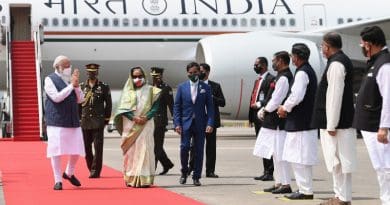 India's Prime Minister, Shri Narendra Modi being received by the Prime Minister of Bangladesh, Ms. Sheikh Hasina, on his arrival at Hazrat Shahjalal International Airport, in Dhaka, Bangladesh. Photo Credit: PM India