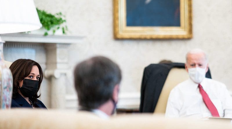 President Joe Biden and Vice President Kamala Harris listen as Secretary of State Antony Blinken speaks. (Official White House Photo by Adam Schultz)
