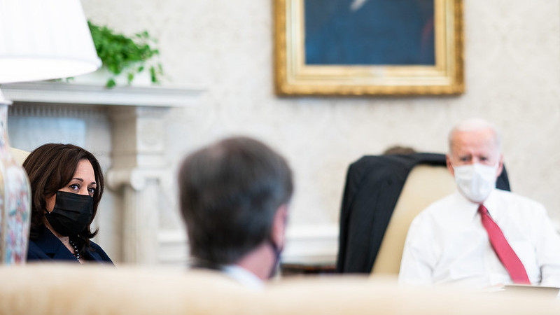 President Joe Biden and Vice President Kamala Harris listen as Secretary of State Antony Blinken speaks. (Official White House Photo by Adam Schultz)