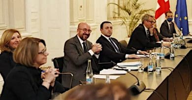 European Council President Charles Michel (center) mediating between Georgian Dream and the United Opposition, March 1 (Source: Presidential Administration of Georgia)