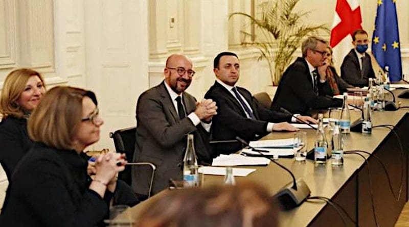 European Council President Charles Michel (center) mediating between Georgian Dream and the United Opposition, March 1 (Source: Presidential Administration of Georgia)