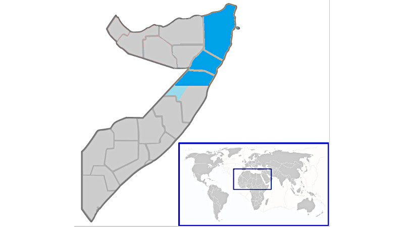 Location of Puntland (blue and dark blue) in Somalia (blue & grey). Credit: Wikipedia Commons