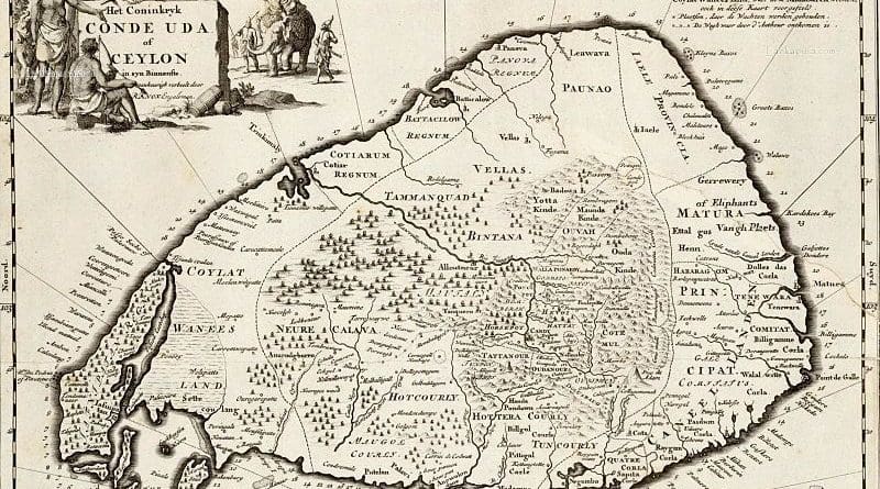 1692 engraving by Wilhem Broedelet of Robert Knox's 1681 map of Ceylon.