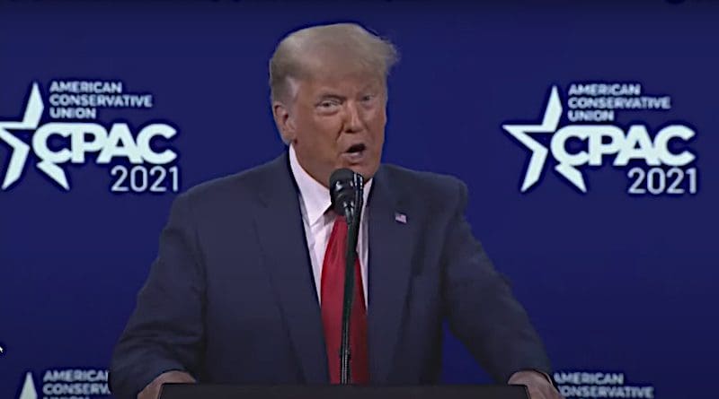 Former US President Donald Trump speaking at CPAC 2021. Photo Credit: Video screenshot