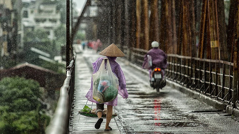 Monsoon season Bridge Wet People Street Woman Asia